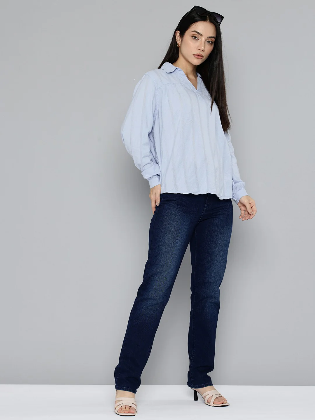 Women's Striped Blue Spread Collar Top