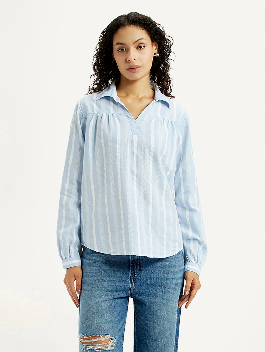 Women's Striped Light Blue Spread Collar Top
