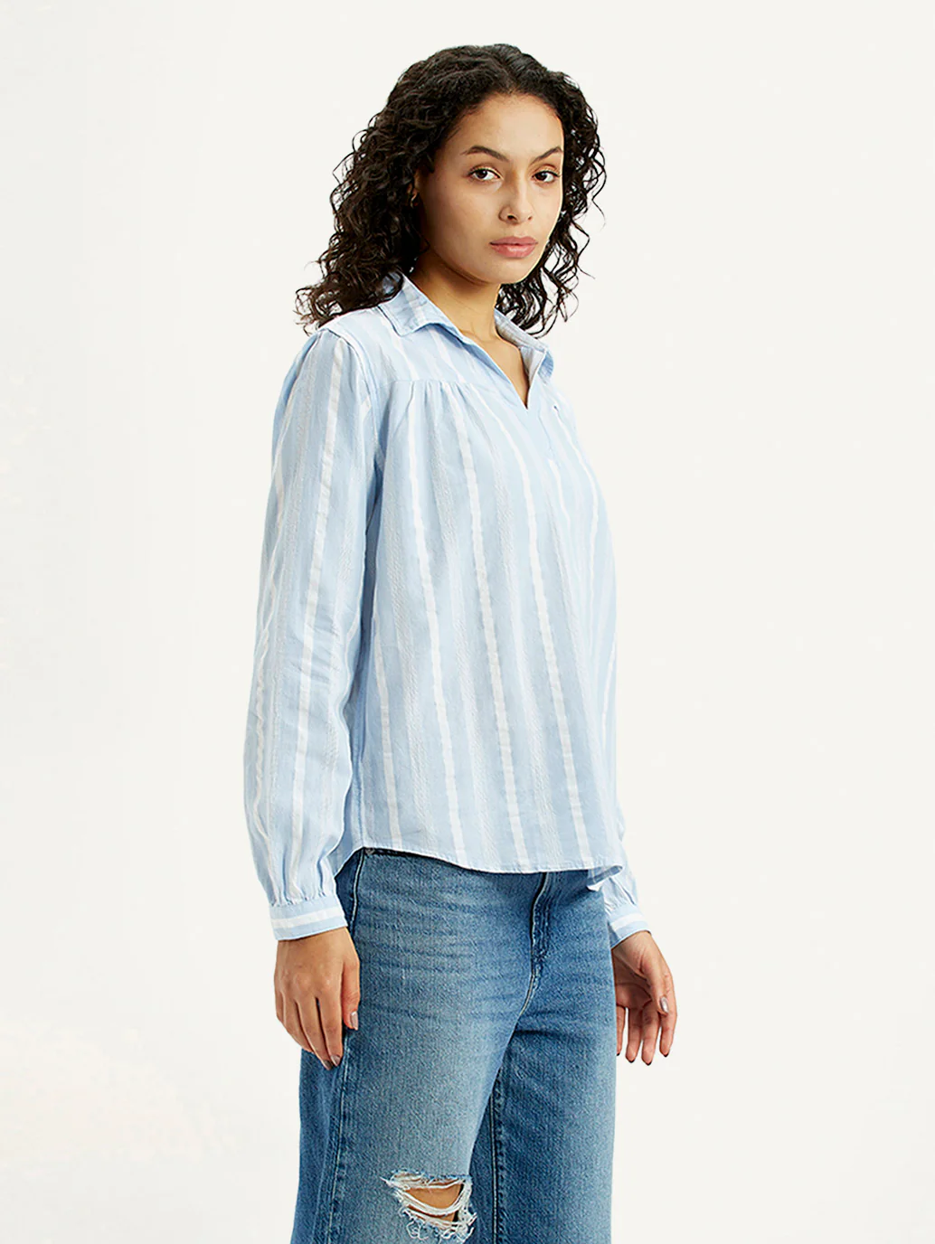 Women's Striped Light Blue Spread Collar Top - Image 5