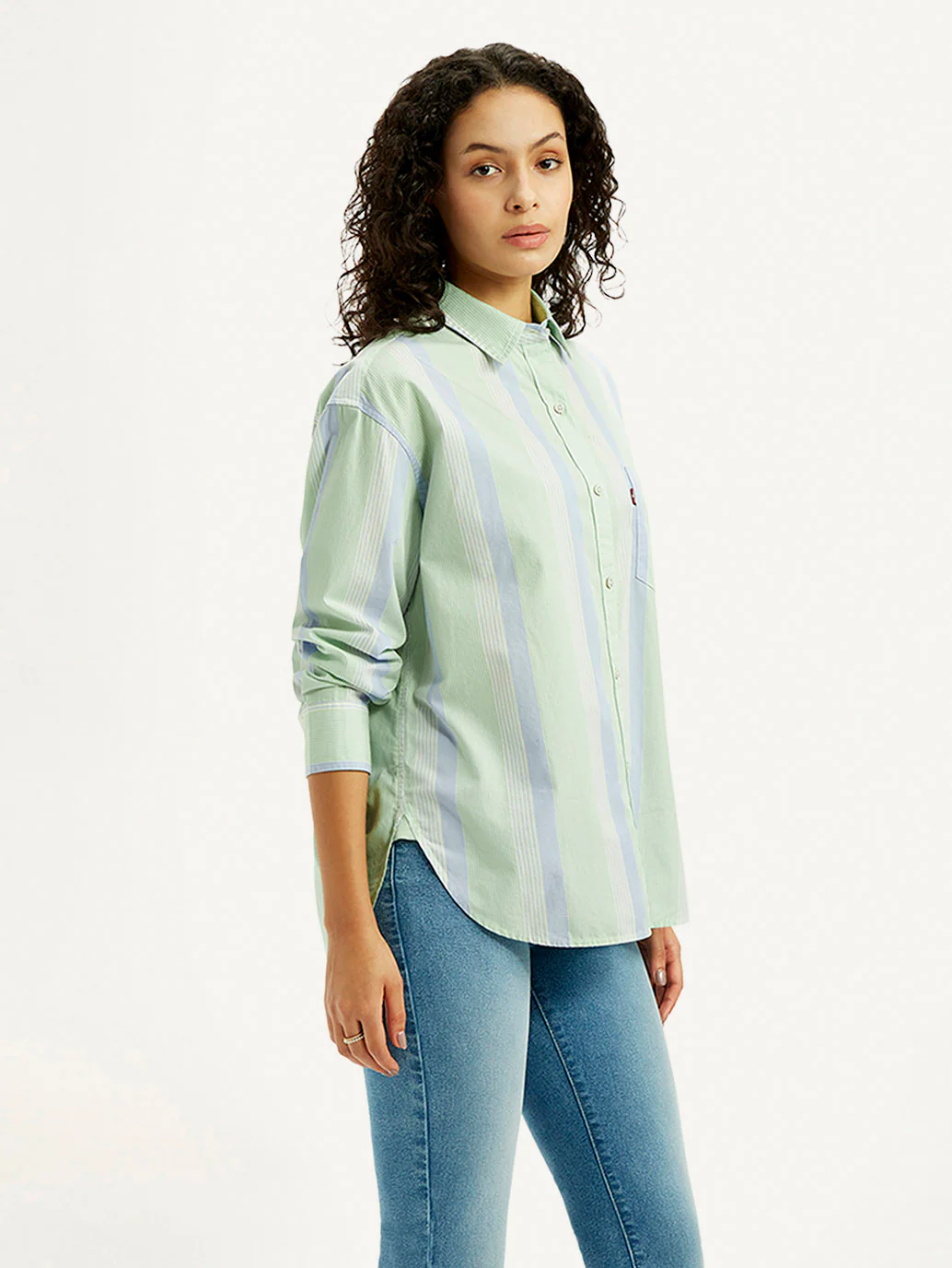 Women's Striped Light Green Relaxed Fit Shirt - Image 4