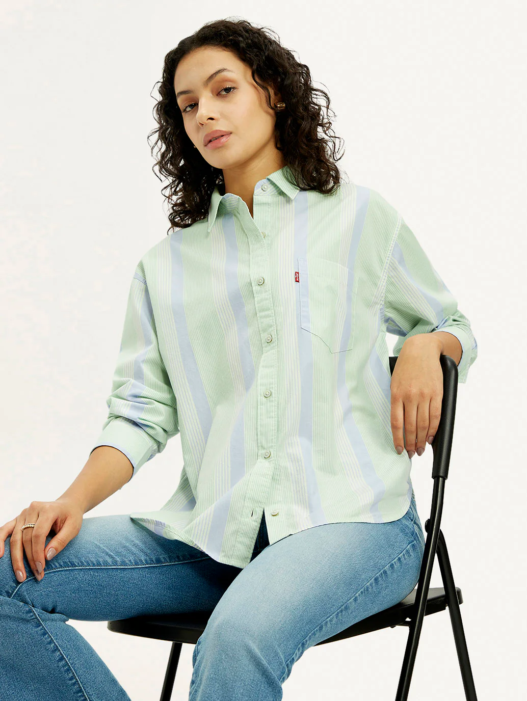Women's Striped Light Green Relaxed Fit Shirt - Image 5