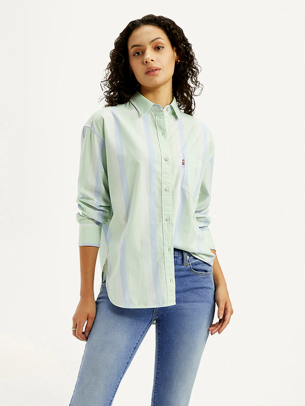 Women's Striped Light Green Relaxed Fit Shirt - Image 6