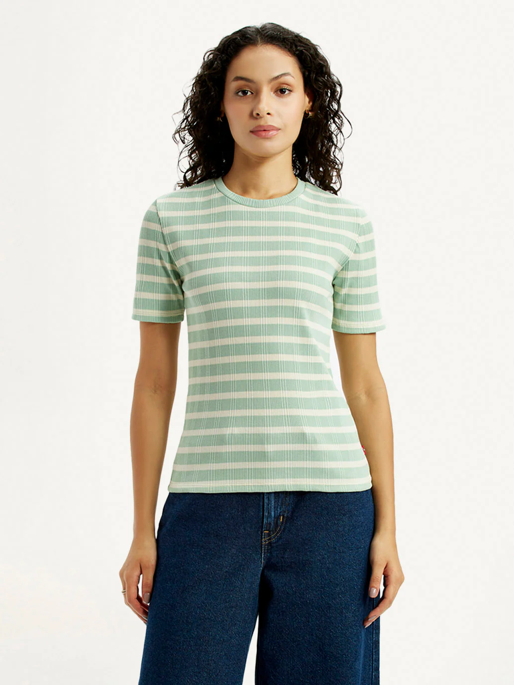 Women's Striped Light Green Slim Fit T-shirt - Image 2