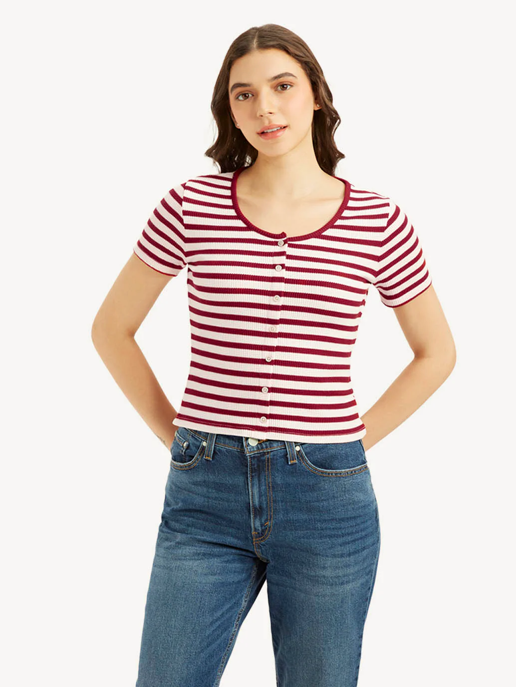 Women's Striped Red Round Neck Top