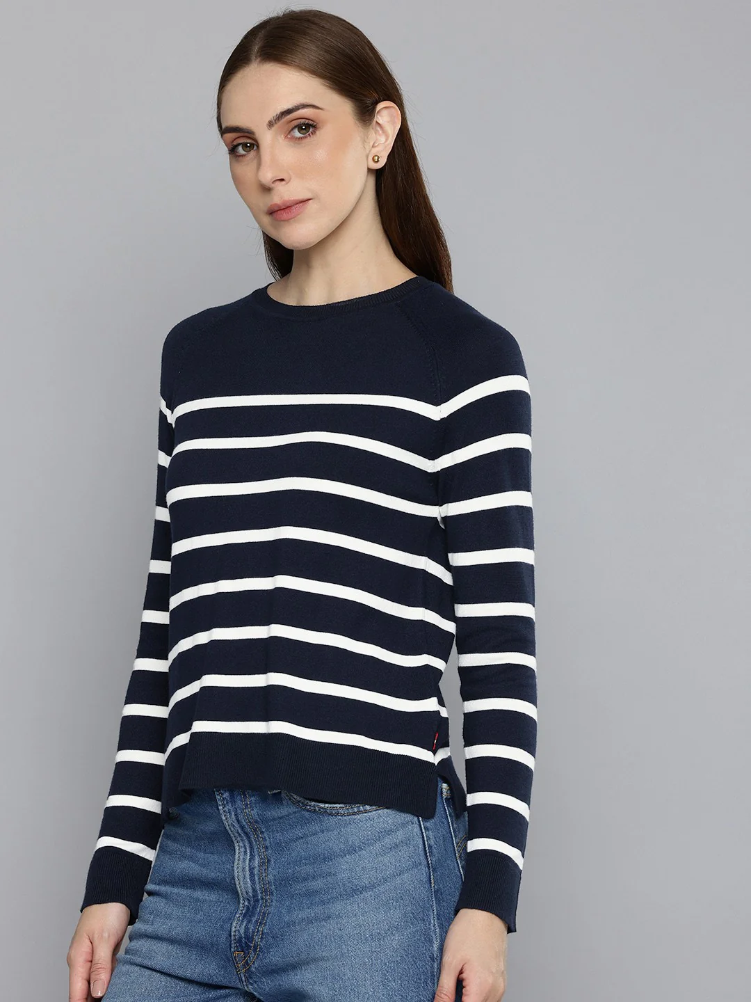 Women's Striped Navy Crew Neck Sweater - Image 3