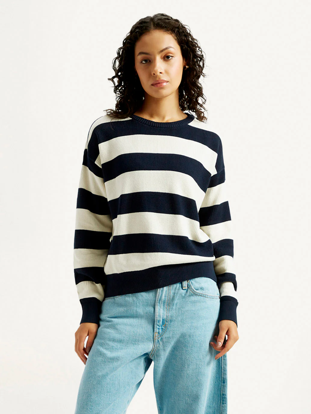 Women's Striped Navy Crew Neck Sweater