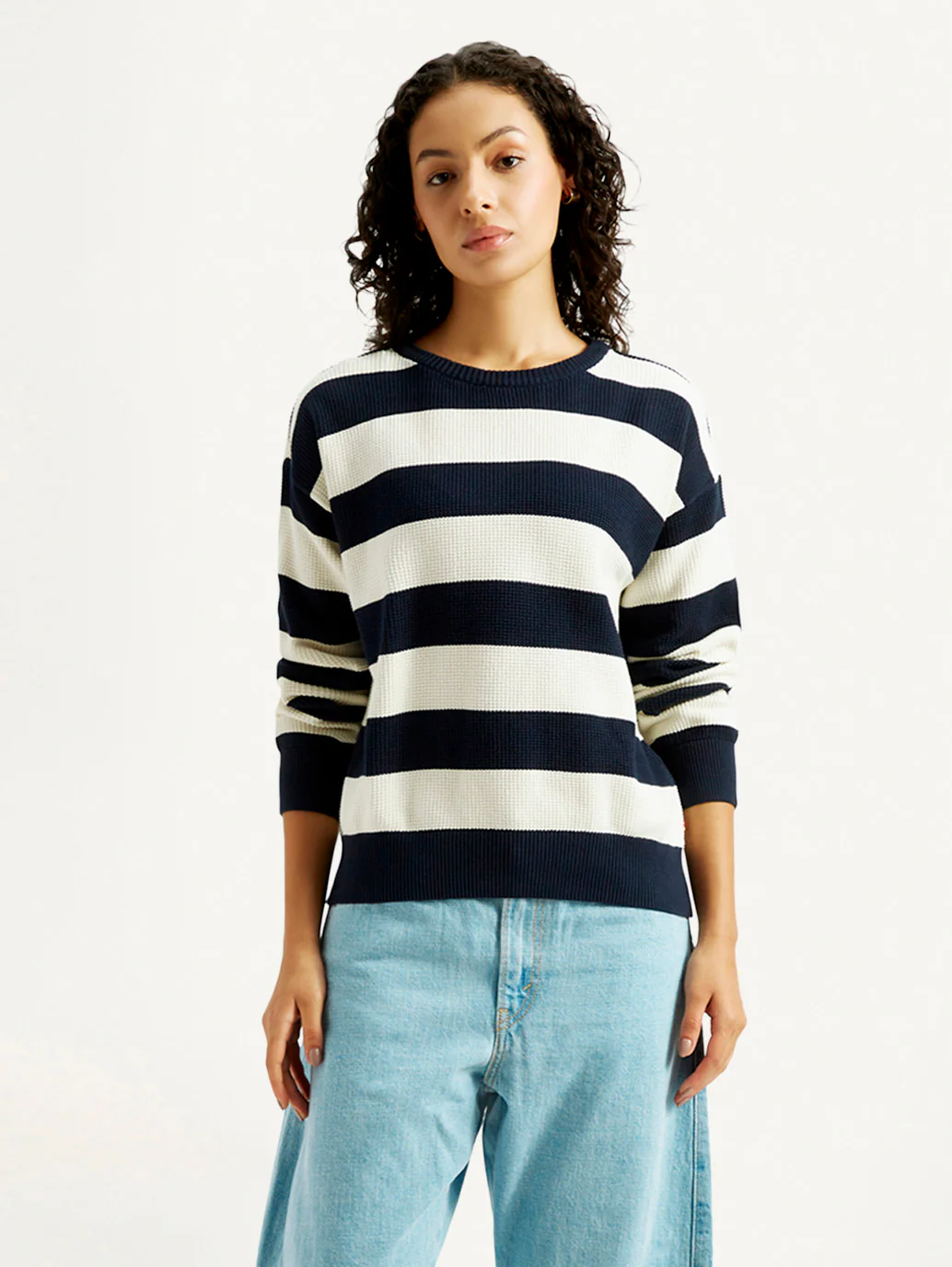 Women's Striped Navy Crew Neck Sweater - Image 2