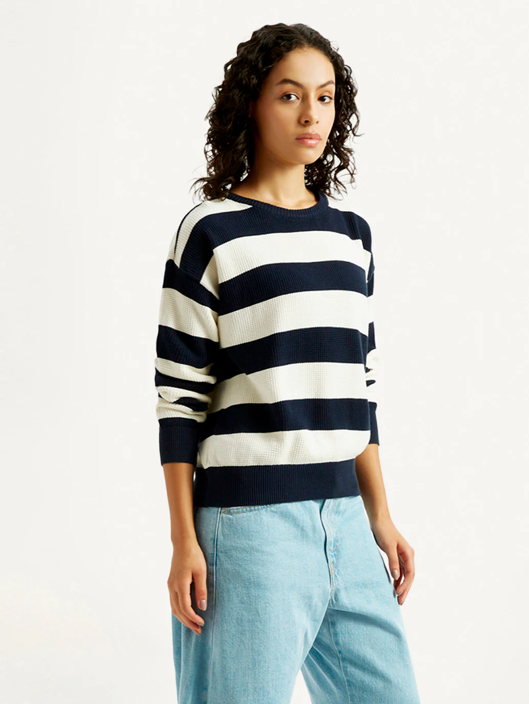 Women's Striped Navy Crew Neck Sweater - Image 5
