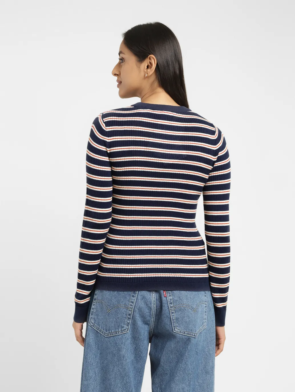 Women's Striped Navy Crew Neck Sweater - Image 3