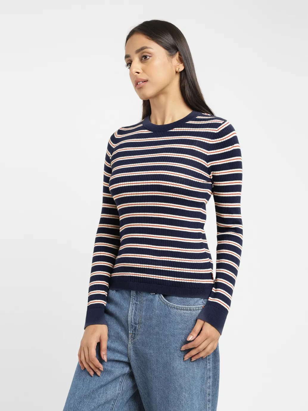 Women's Striped Navy Crew Neck Sweater - Image 4