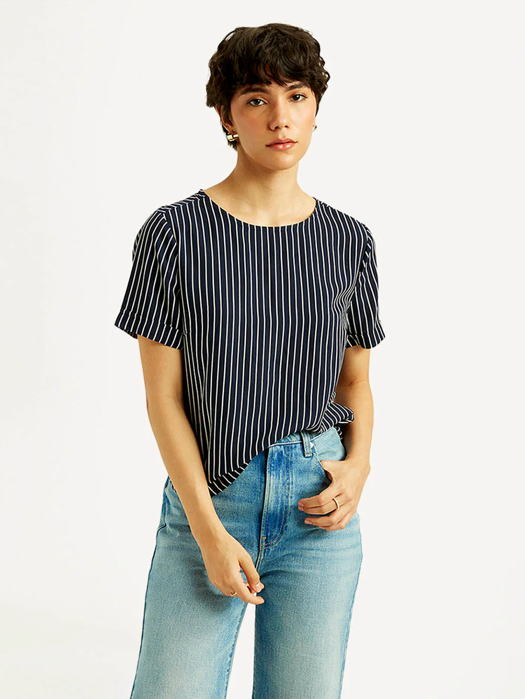 Women's Striped Navy Round Neck Top