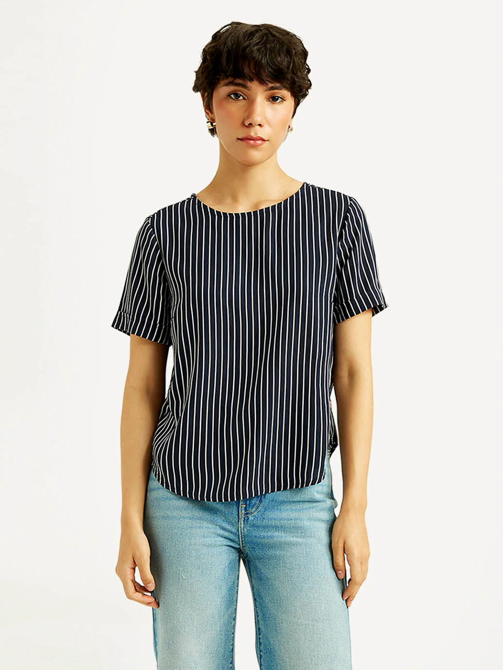 Women's Striped Navy Round Neck Top - Image 2