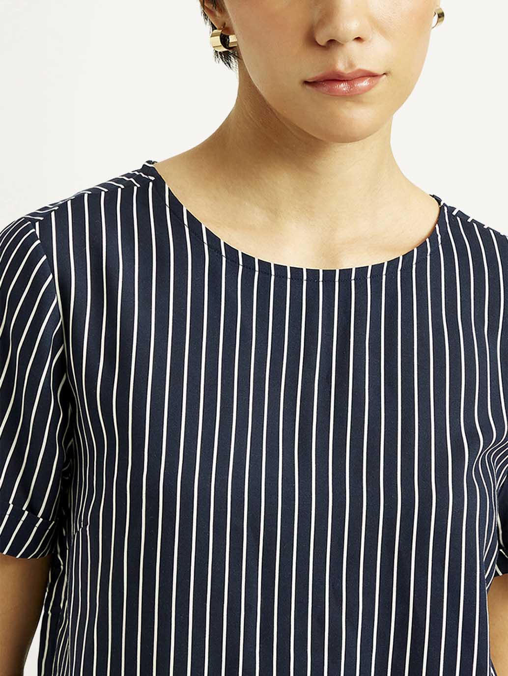Women's Striped Navy Round Neck Top - Image 4