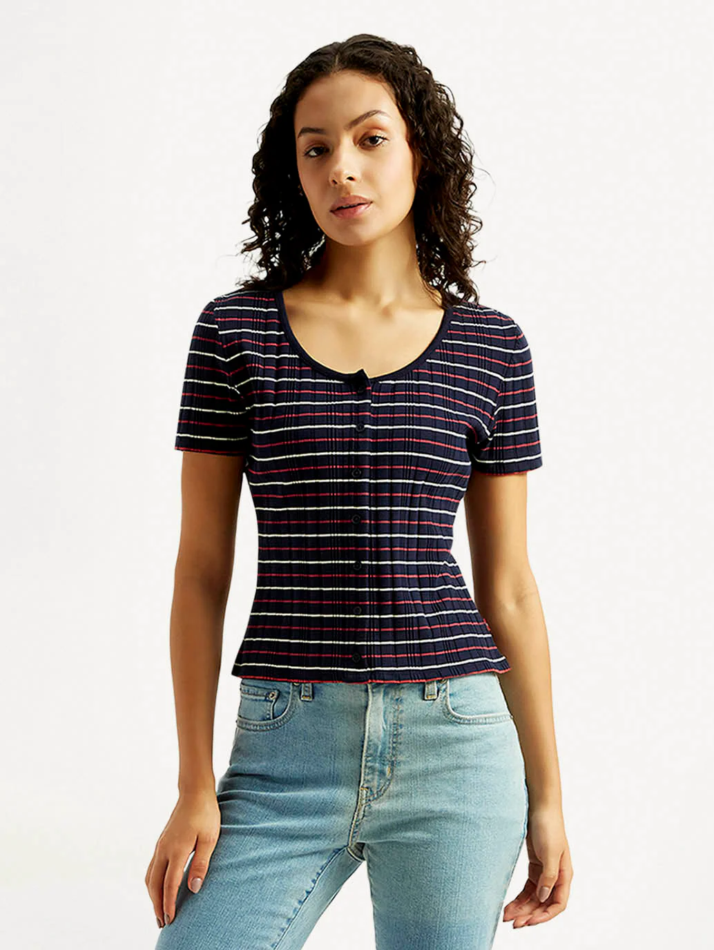 Women's Striped Navy Scoop Neck Top - Image 5