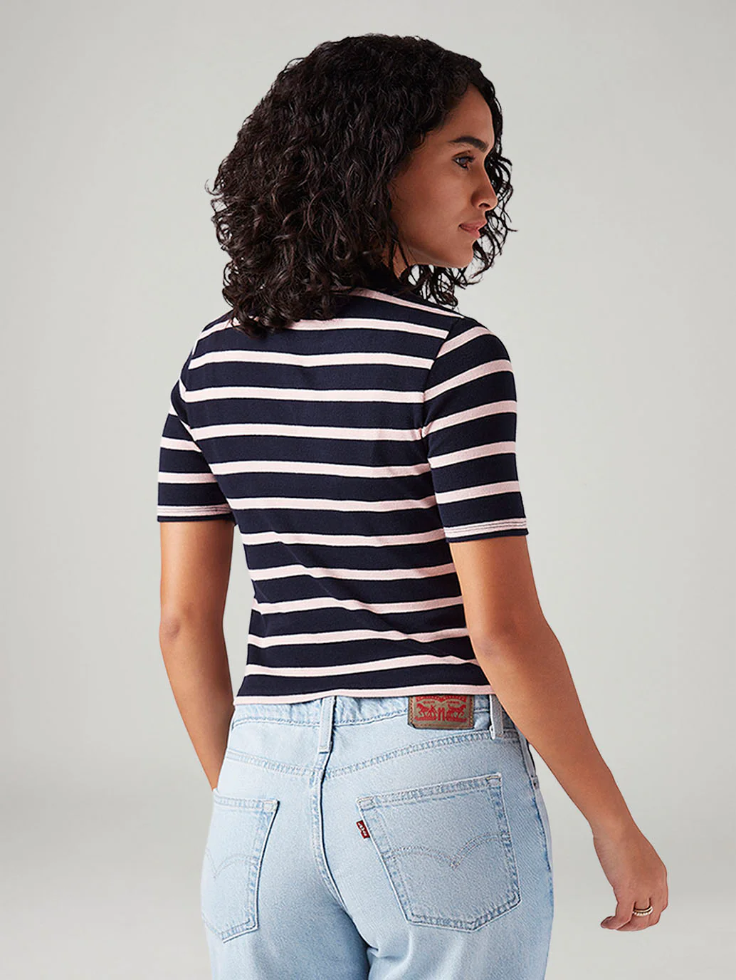 Women's Striped Navy Slim Fit Polo T-shirt - Image 3