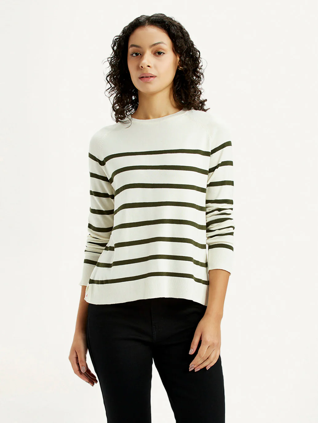 Women's Striped Off White Crew Neck T-shirt - Image 2