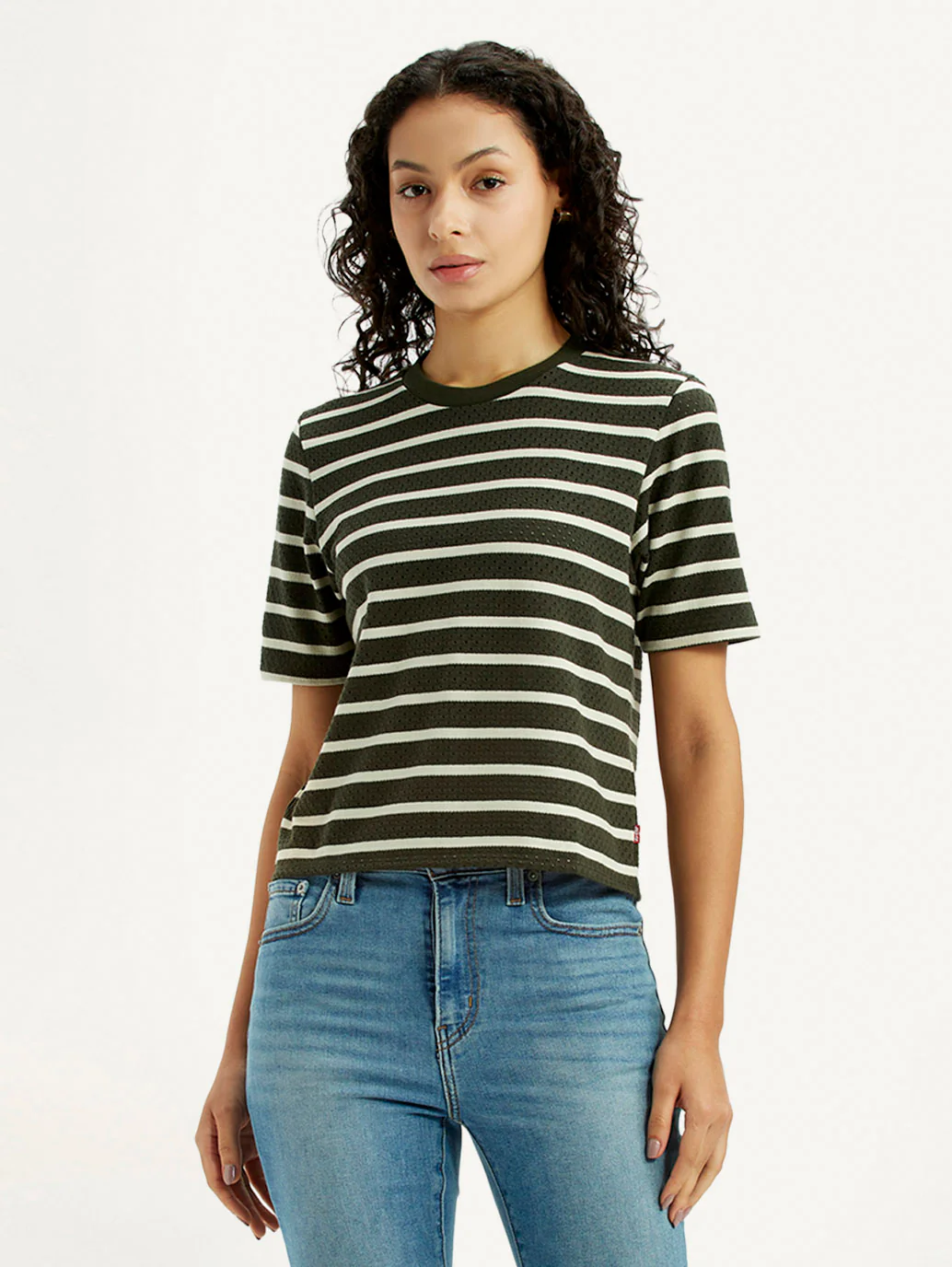 Women's Striped Olive Crew Neck T-shirt - Image 2
