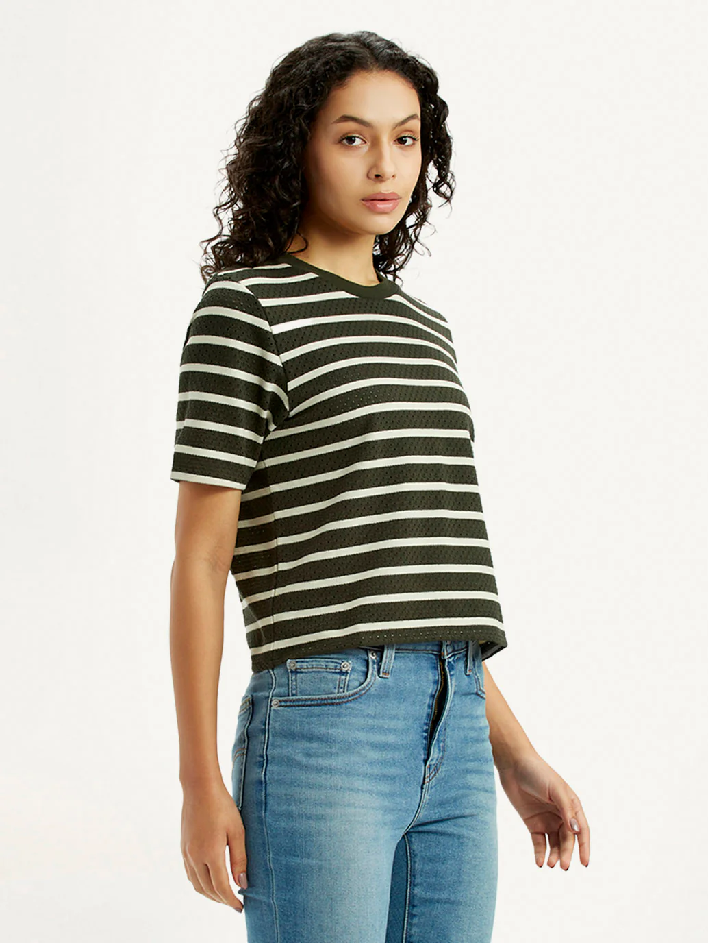 Women's Striped Olive Crew Neck T-shirt - Image 5