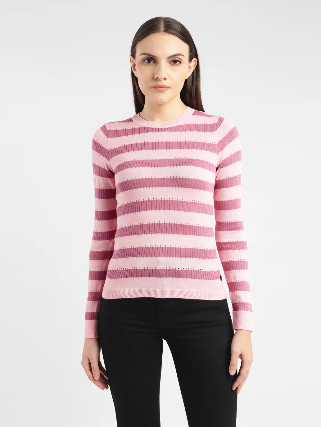 Women's Striped Pink Crew Neck Sweater - Image 2