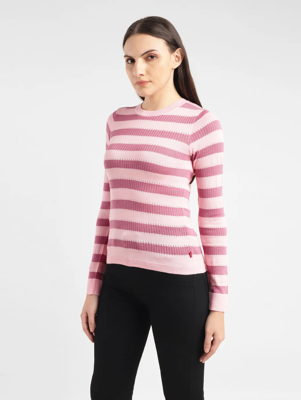Women's Striped Pink Crew Neck Sweater - Image 4