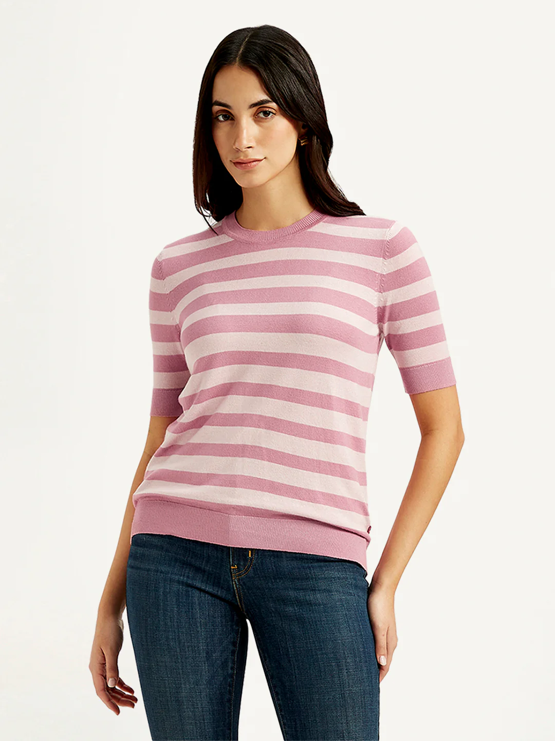 Women's Striped Pink Crew Neck Top - Image 2