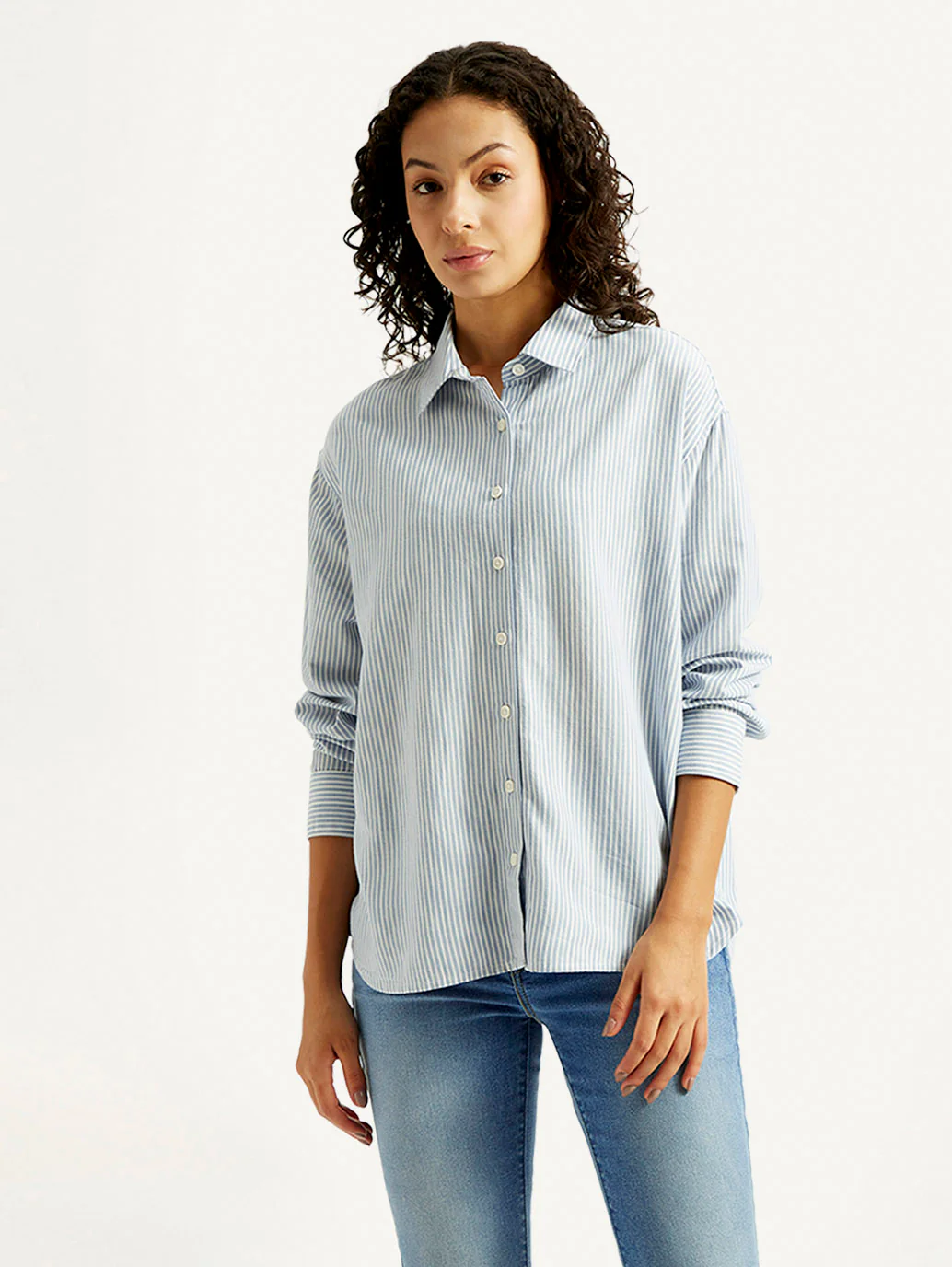 Women's Light Blue Striped Relaxed Fit Shirt