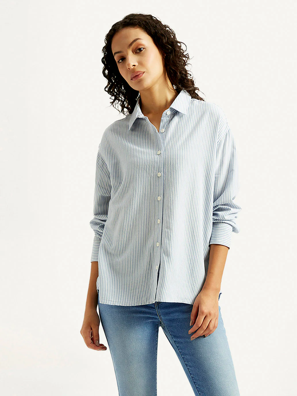 Women's Light Blue Striped Relaxed Fit Shirt - Image 5
