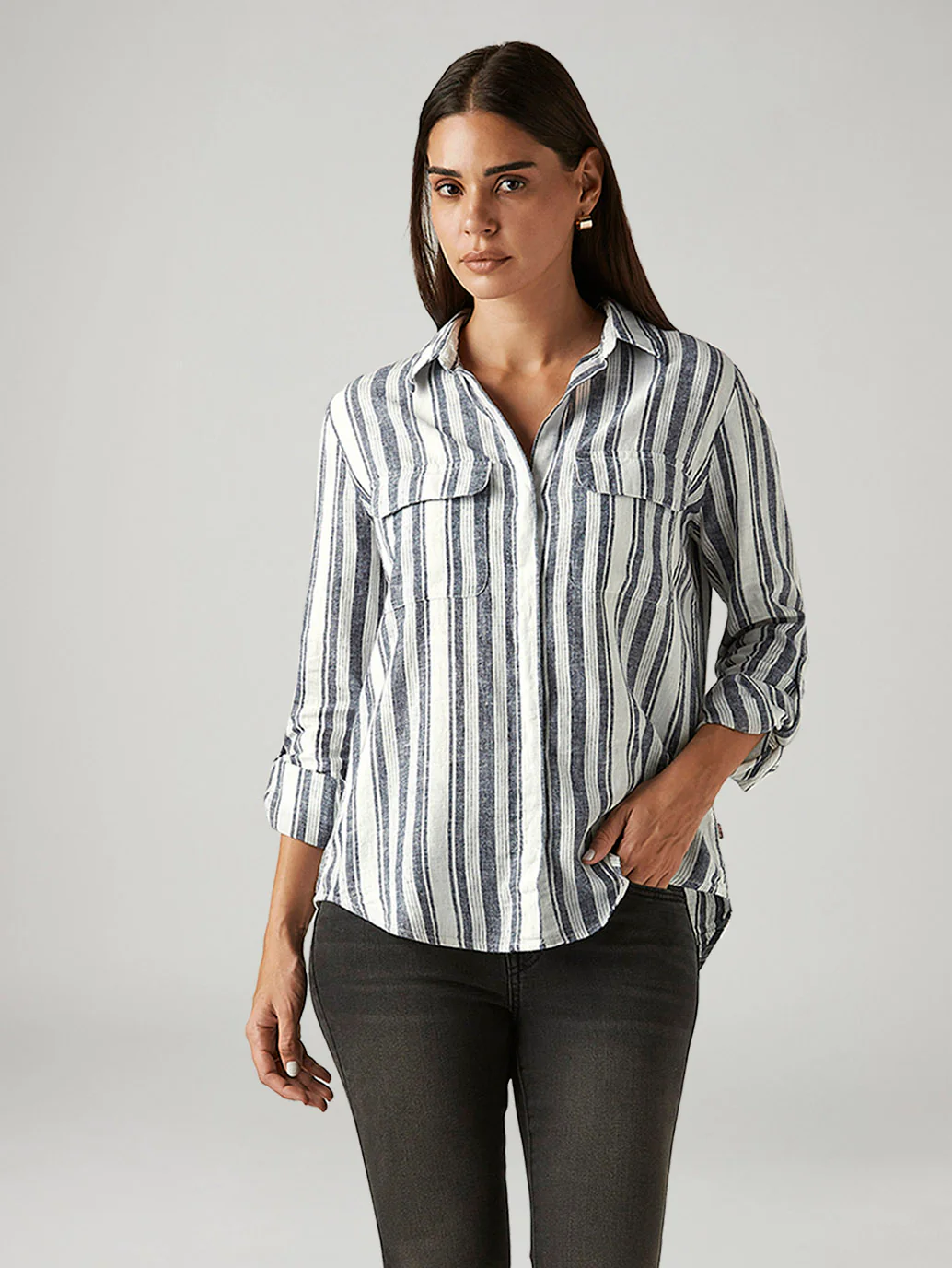 Women's Striped White Relaxed Fit Shirt - Image 5