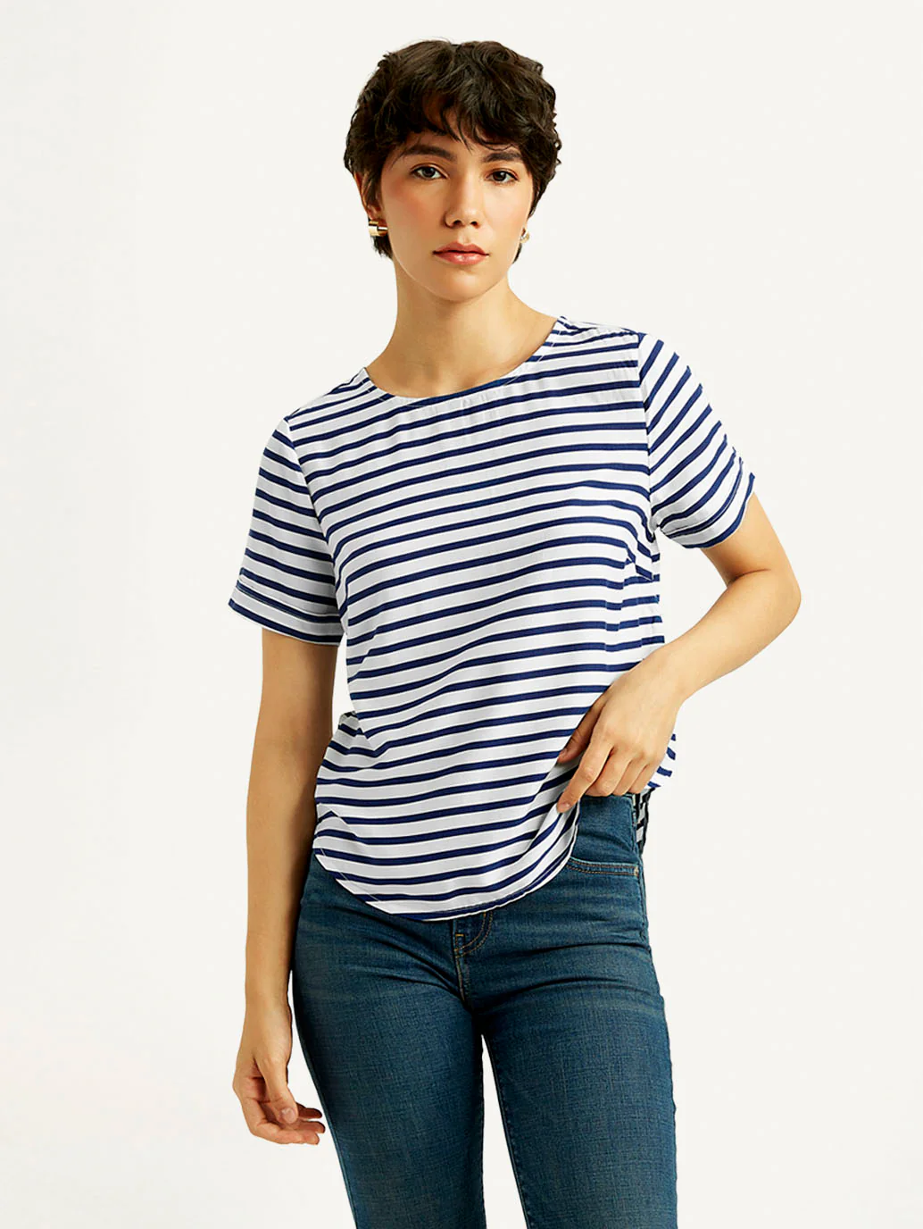 Women's Striped White Round Neck Top - Image 2