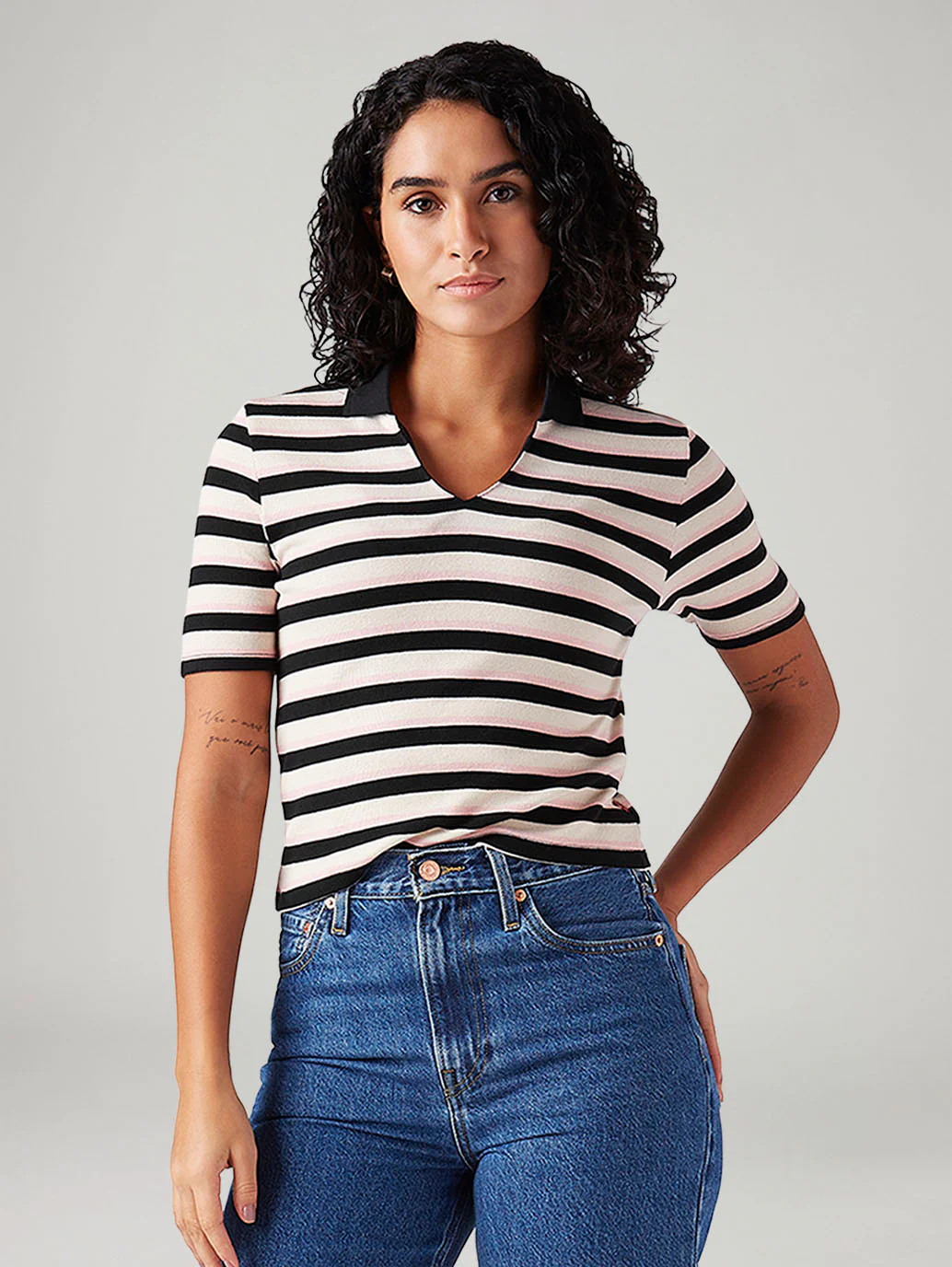 Women's Striped White Slim Fit Polo T-shirt