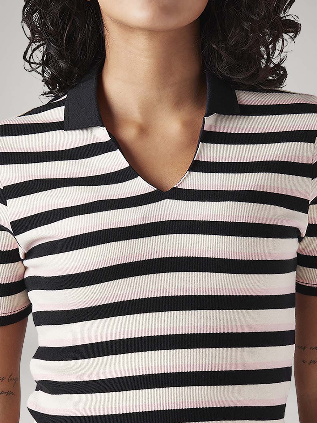 Women's Striped White Slim Fit Polo T-shirt - Image 4