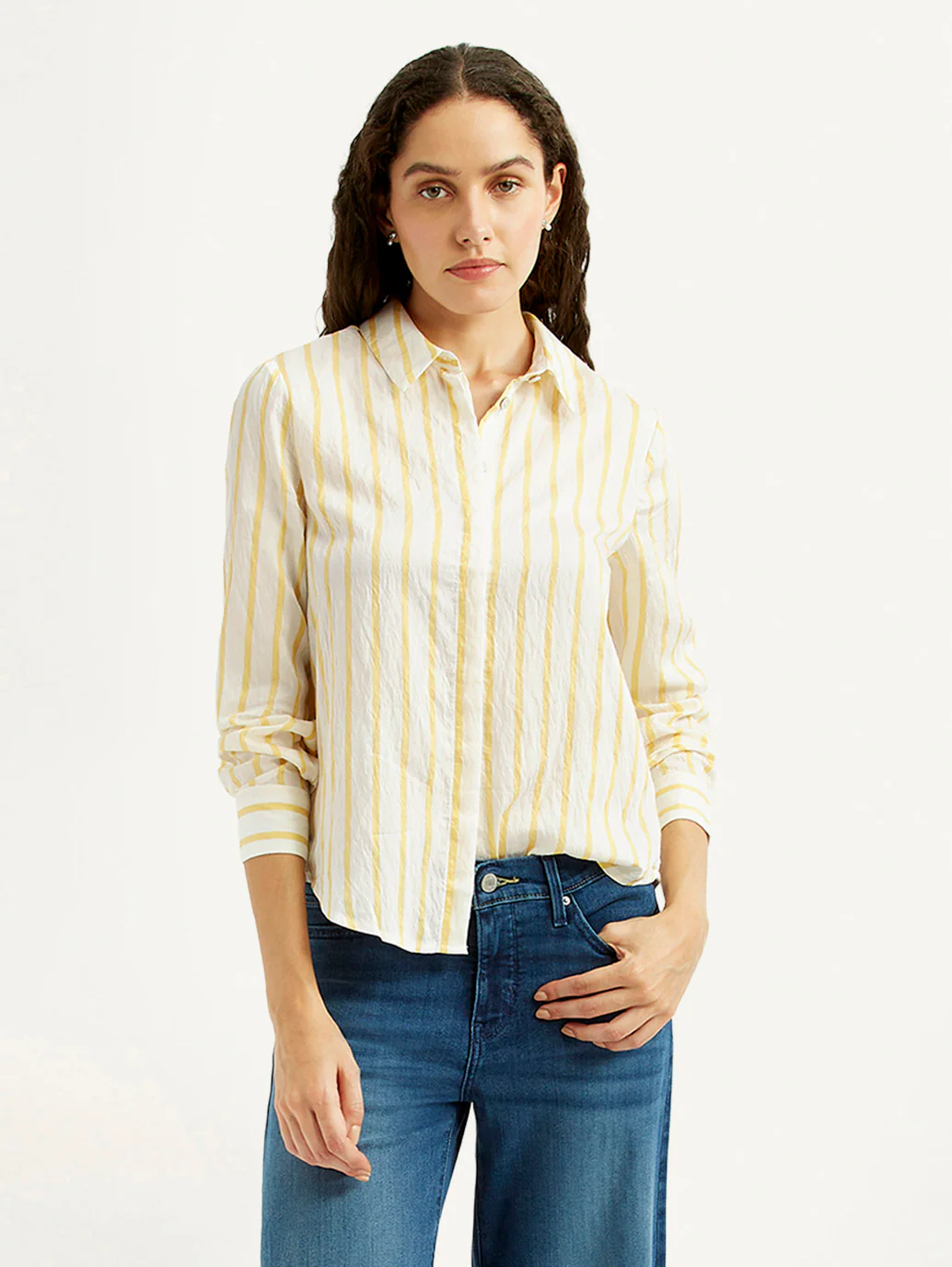 Women's Striped Yellow Spread Collar Shirt