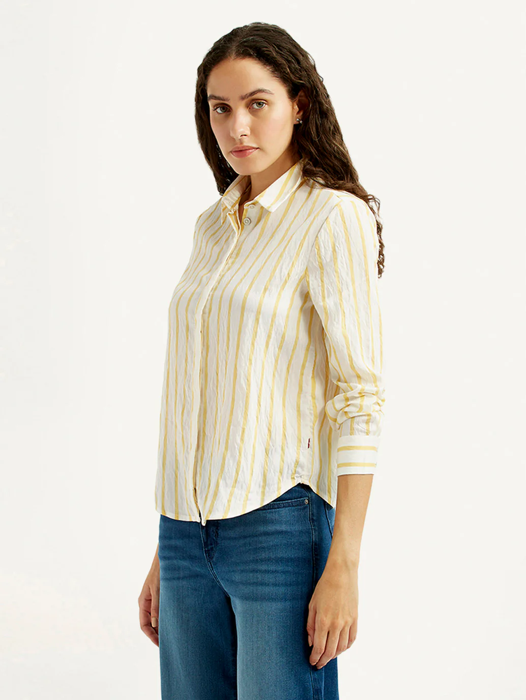 Women's Striped Yellow Spread Collar Shirt - Image 4