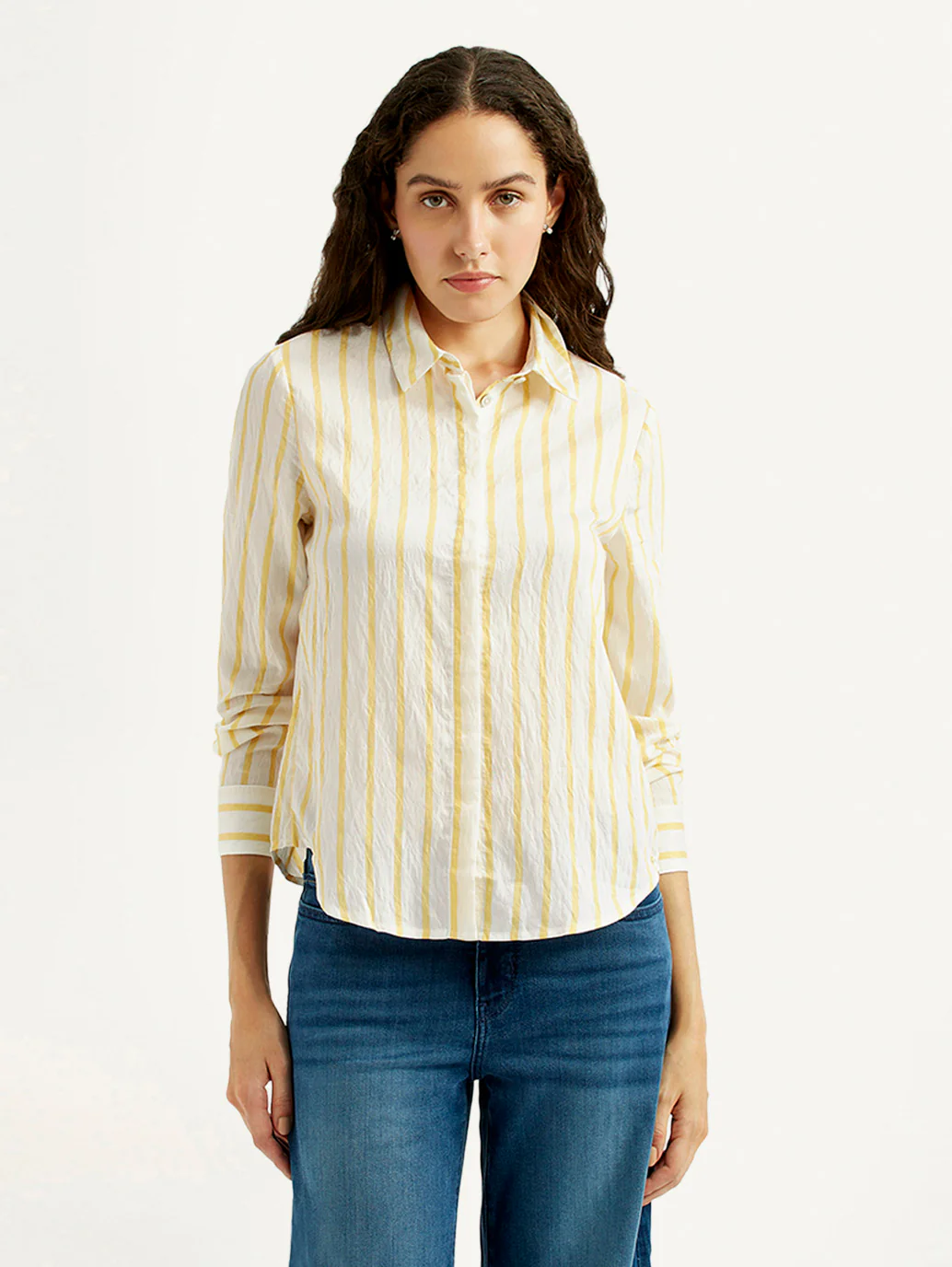 Women's Striped Yellow Spread Collar Shirt - Image 5