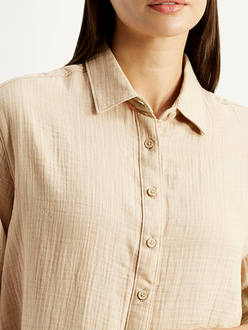 Women's Textured Beige Relaxed Fit Shirt - Image 2