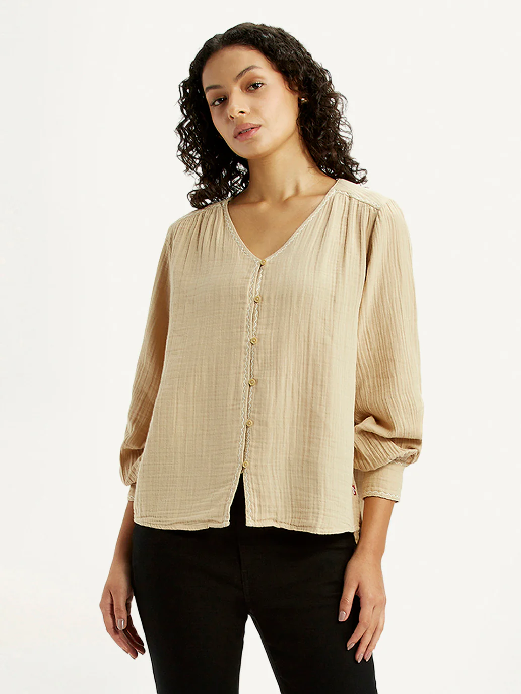 Women's Textured Beige V-Neck Top