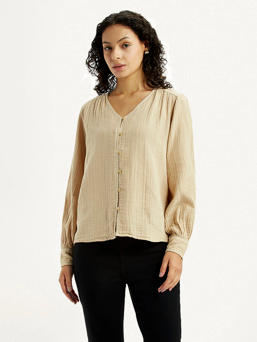 Women's Textured Beige V-Neck Top - Image 5