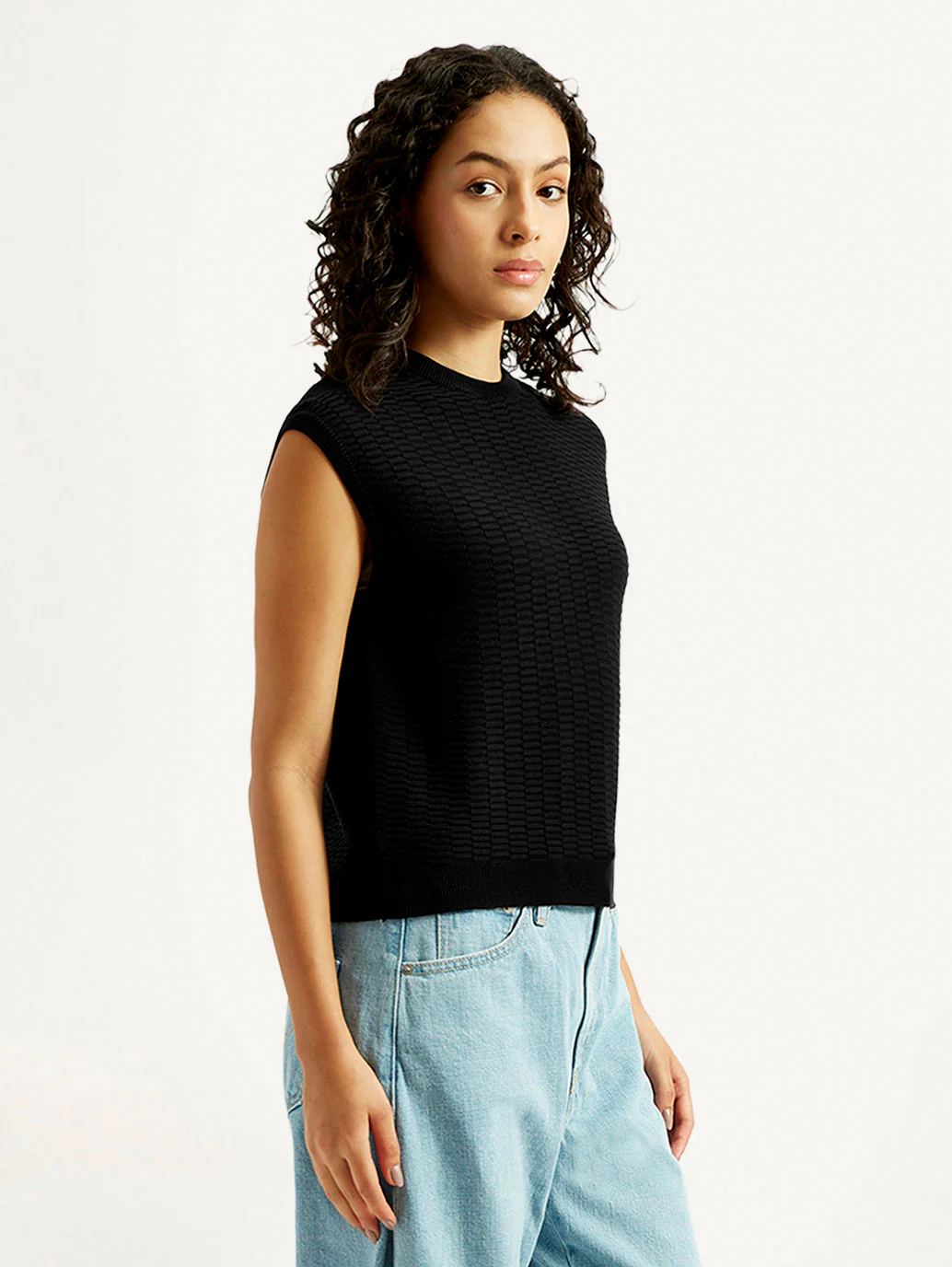Women's Textured Black Crew Neck Top - Image 4