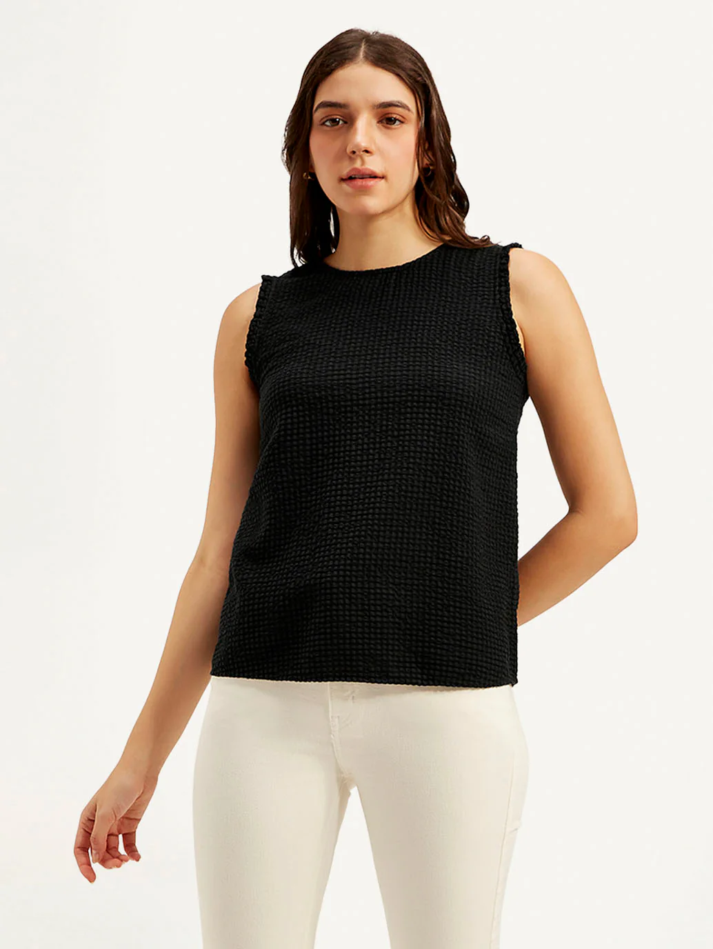 Women's Textured Black Round Neck Top - Image 3