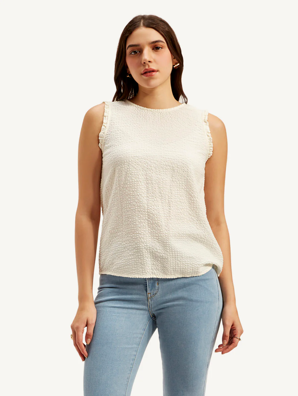 Women's Textured White Round Neck Top - Image 2