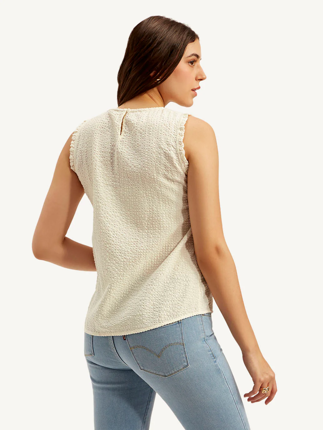 Women's Textured White Round Neck Top - Image 3