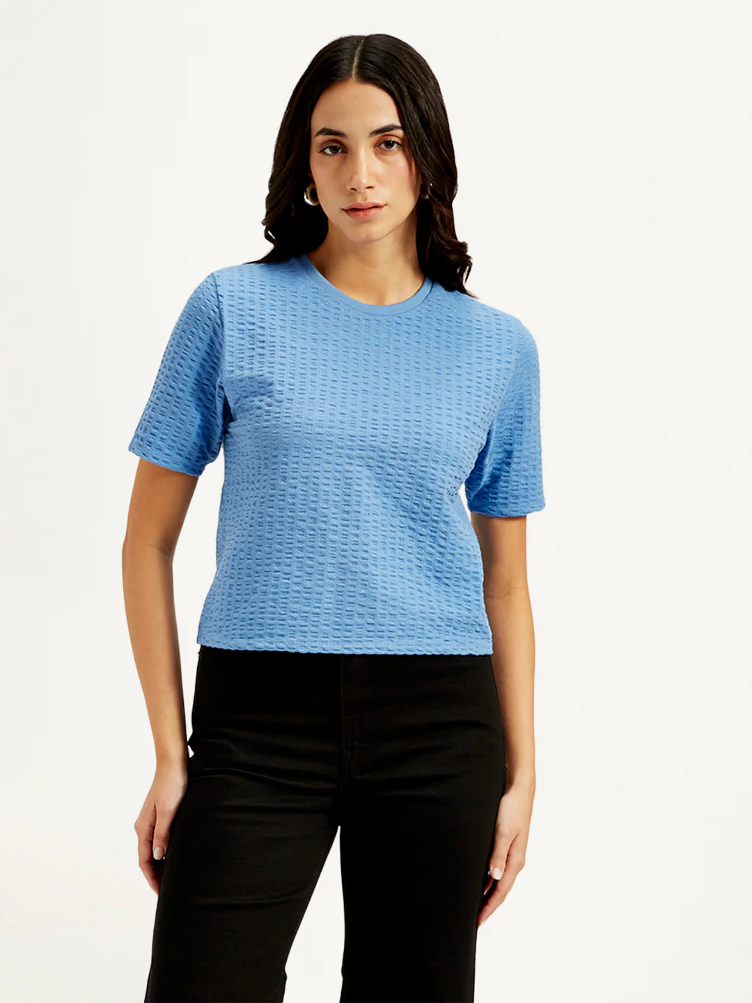 Women's Textured Blue Crew Neck Top - Image 2
