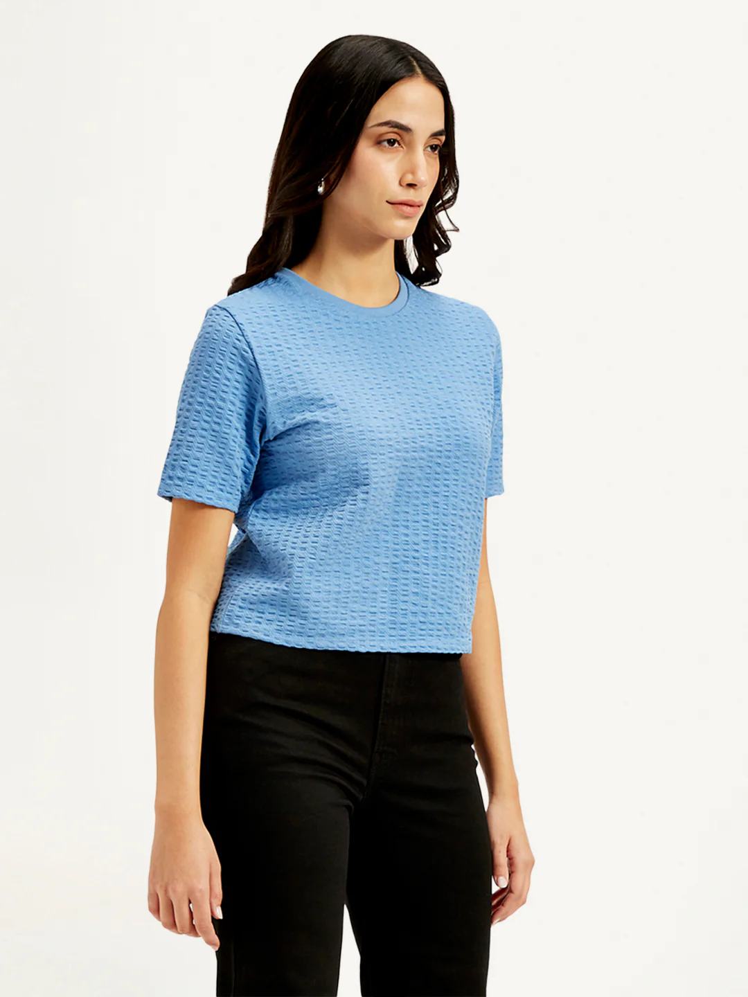 Women's Textured Blue Crew Neck Top - Image 4