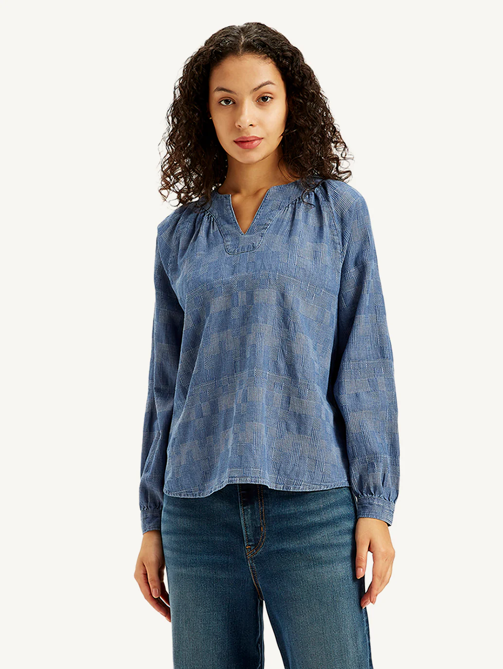 Women's Textured Blue Peasant Top - Image 3