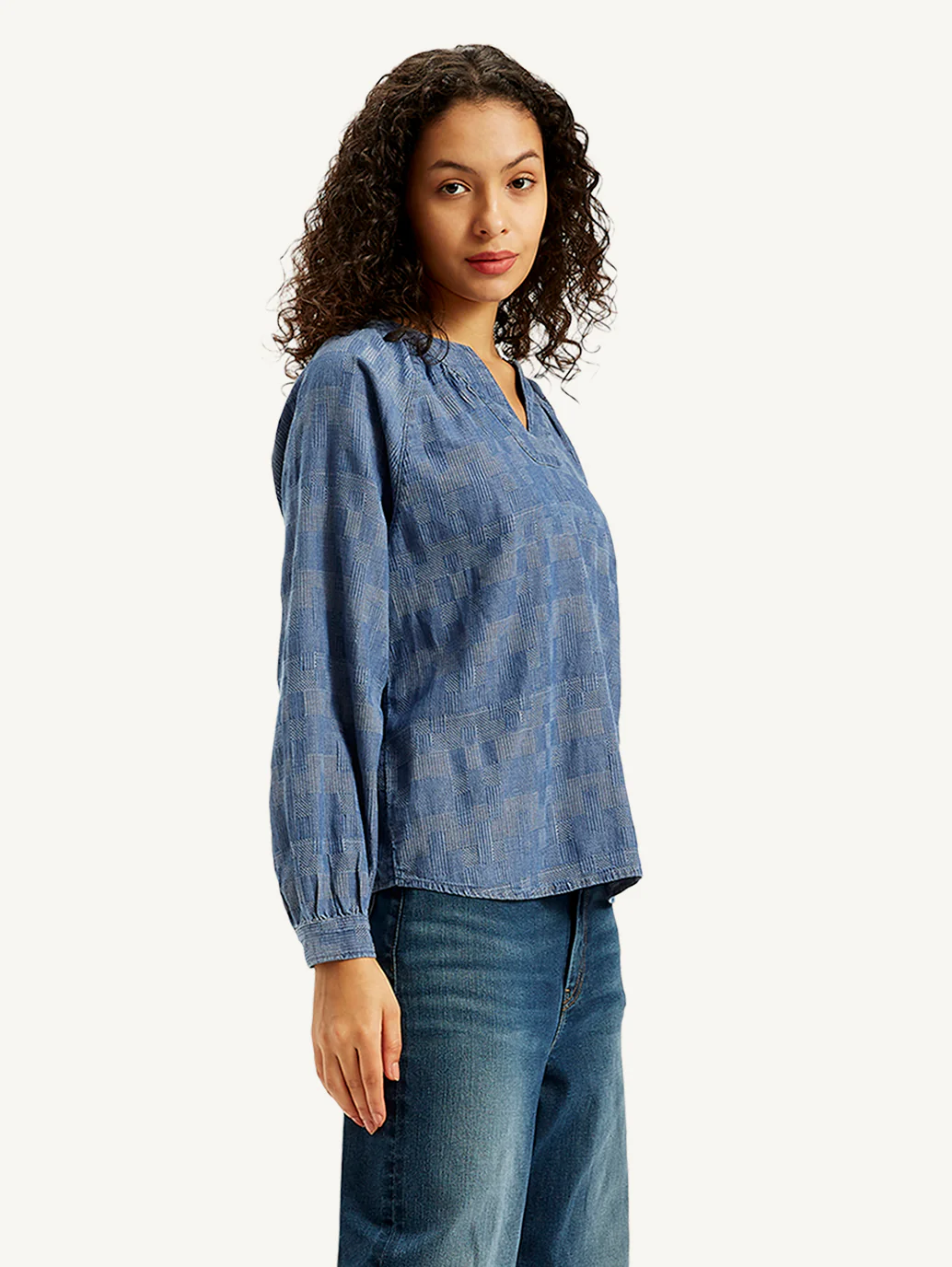 Women's Textured Blue Peasant Top - Image 6