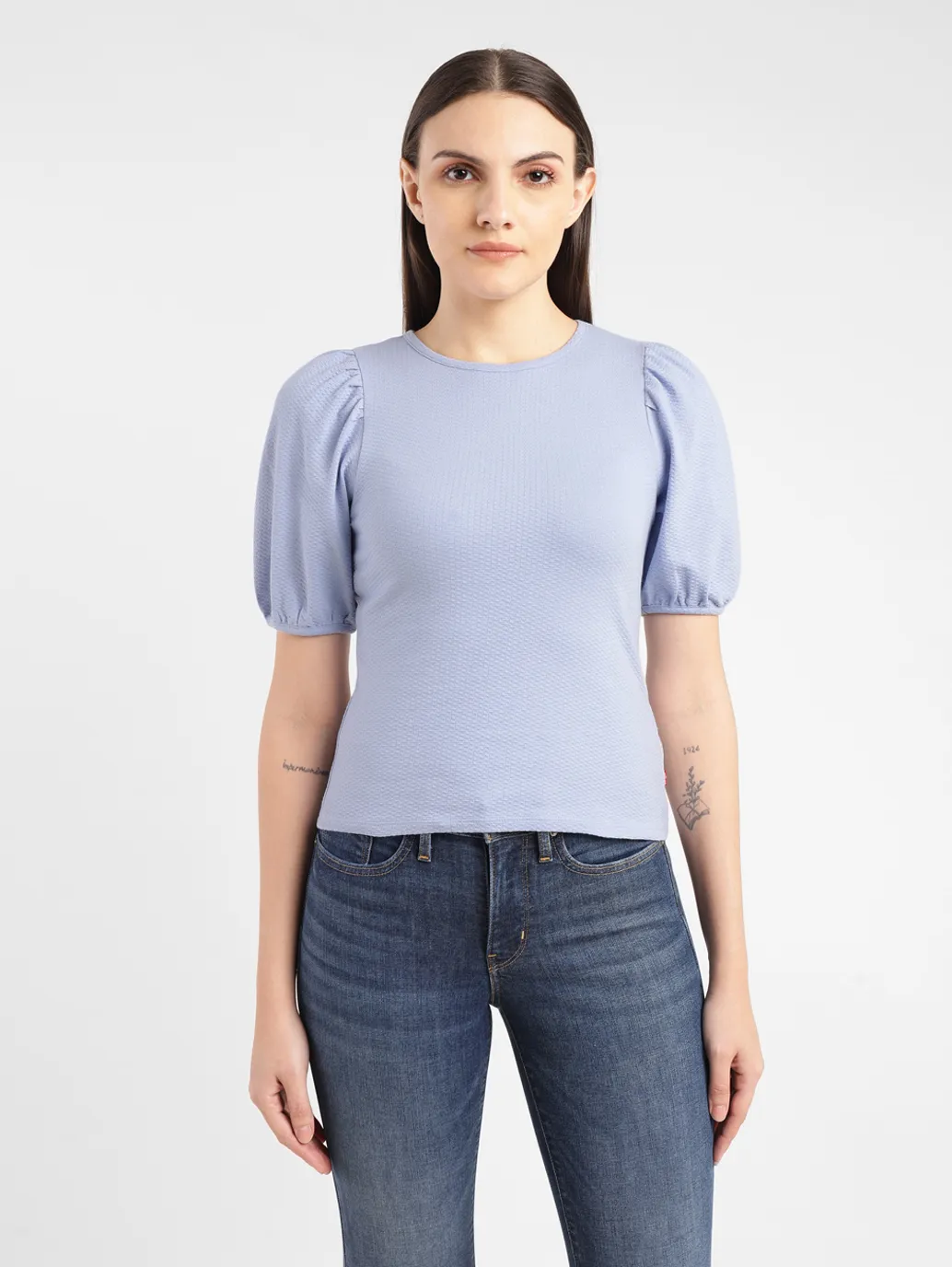 Women's Textured Blue Round Neck Top - Image 2