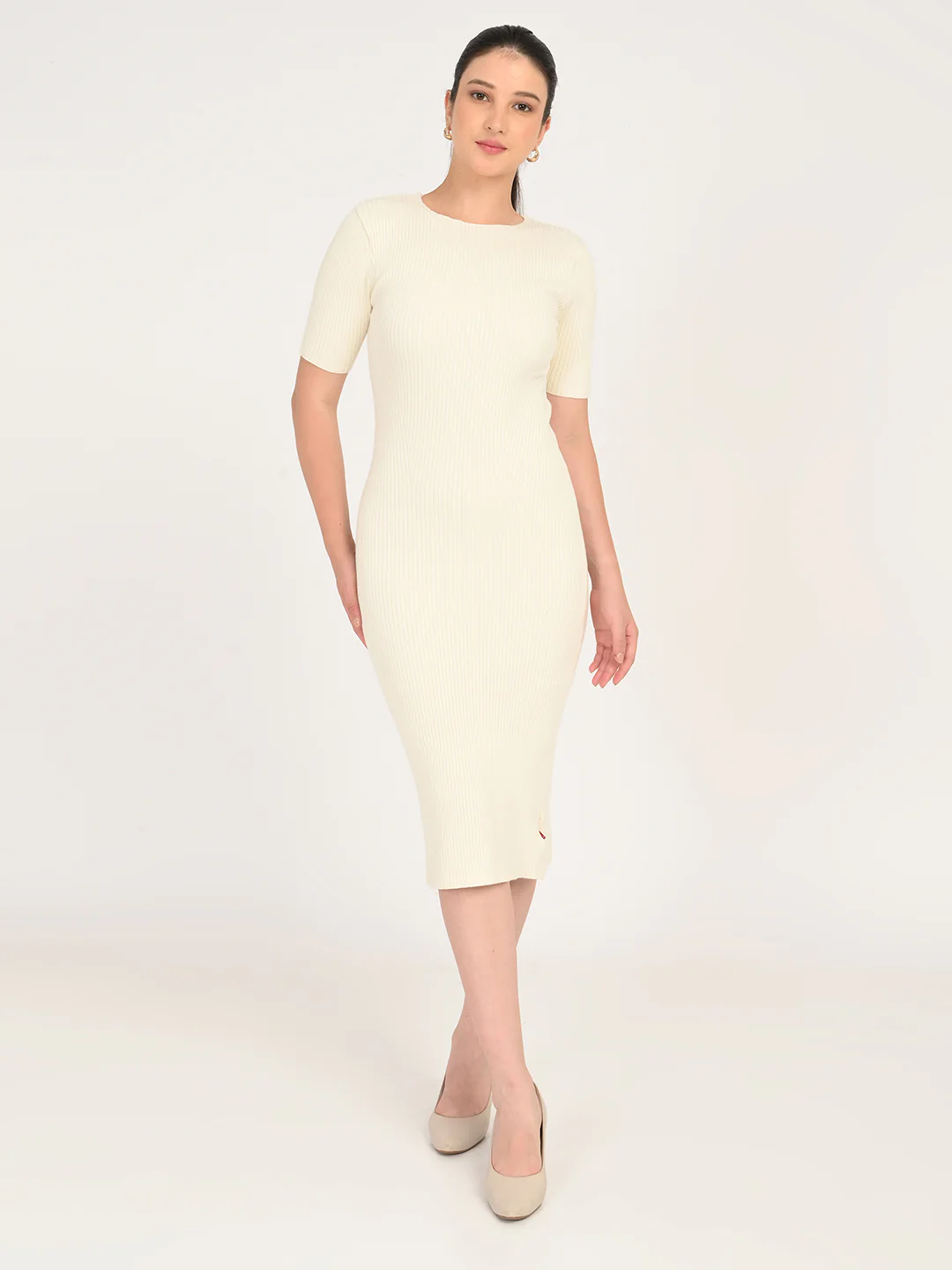 Women's Textured Cream Round Neck Dress