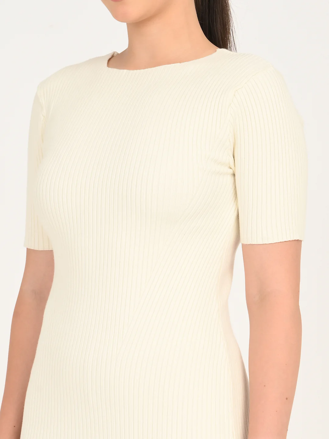 Women's Textured Cream Round Neck Dress - Image 5
