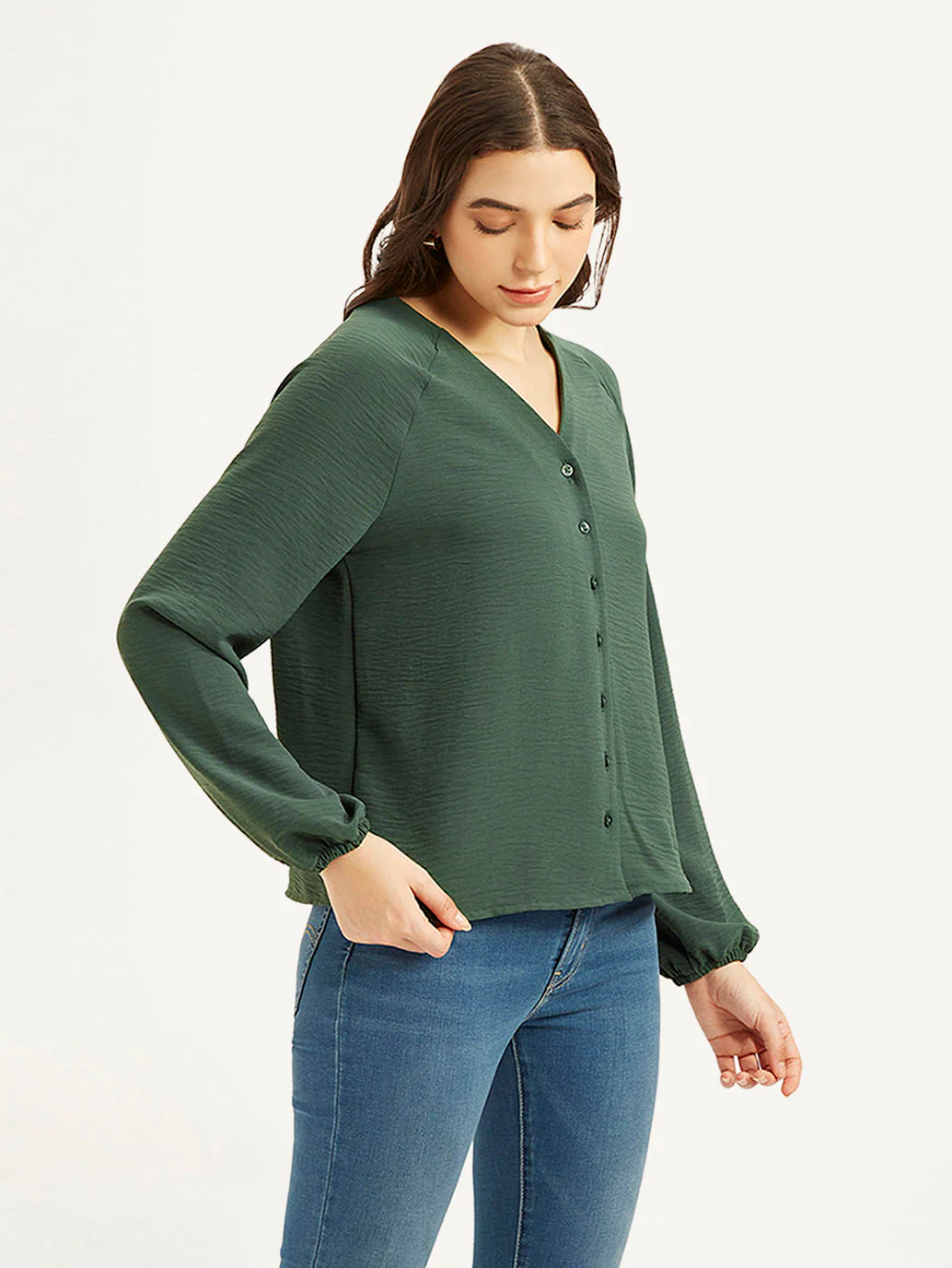 Women's Textured Dark Green V-Neck Top - Image 4