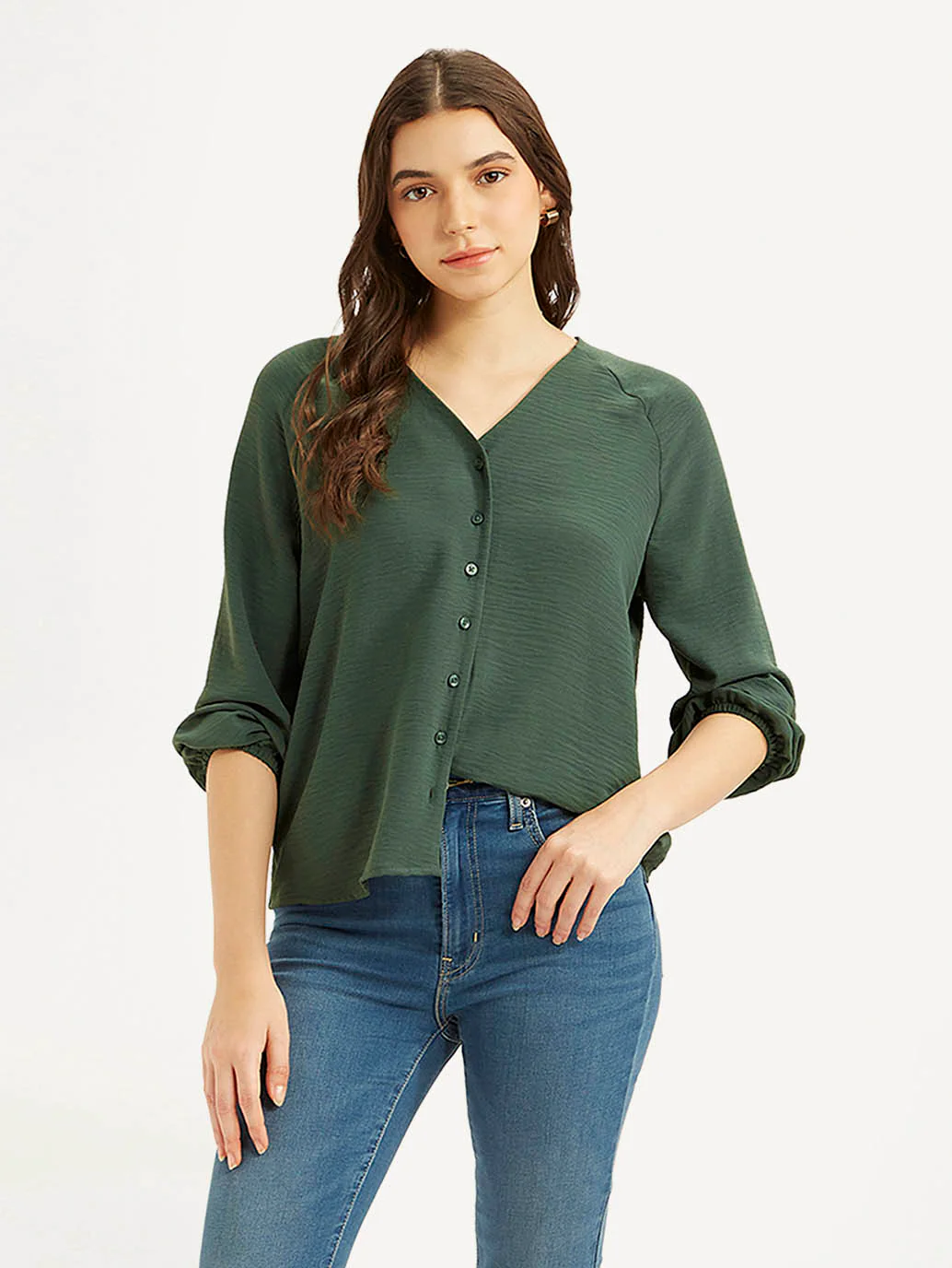 Women's Textured Dark Green V-Neck Top - Image 5
